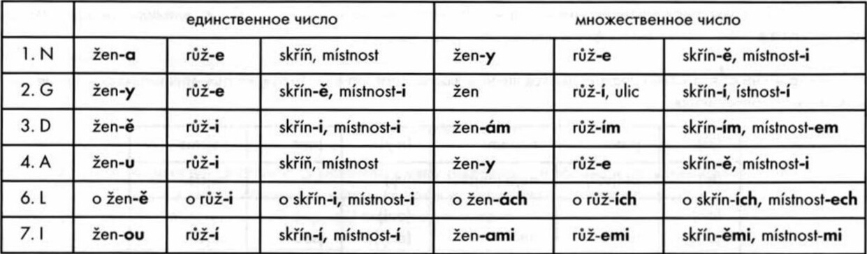 Таблица склонения чешских существительных женского рода в единственном и множественном числе